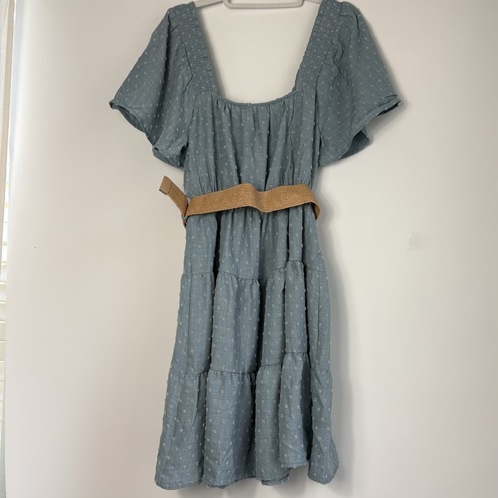 Blu Pepper Blue Ruffled Tiered Dress w/Flutter Sleeves & Ratan Belt - Large NWT - Picture 9 of 11